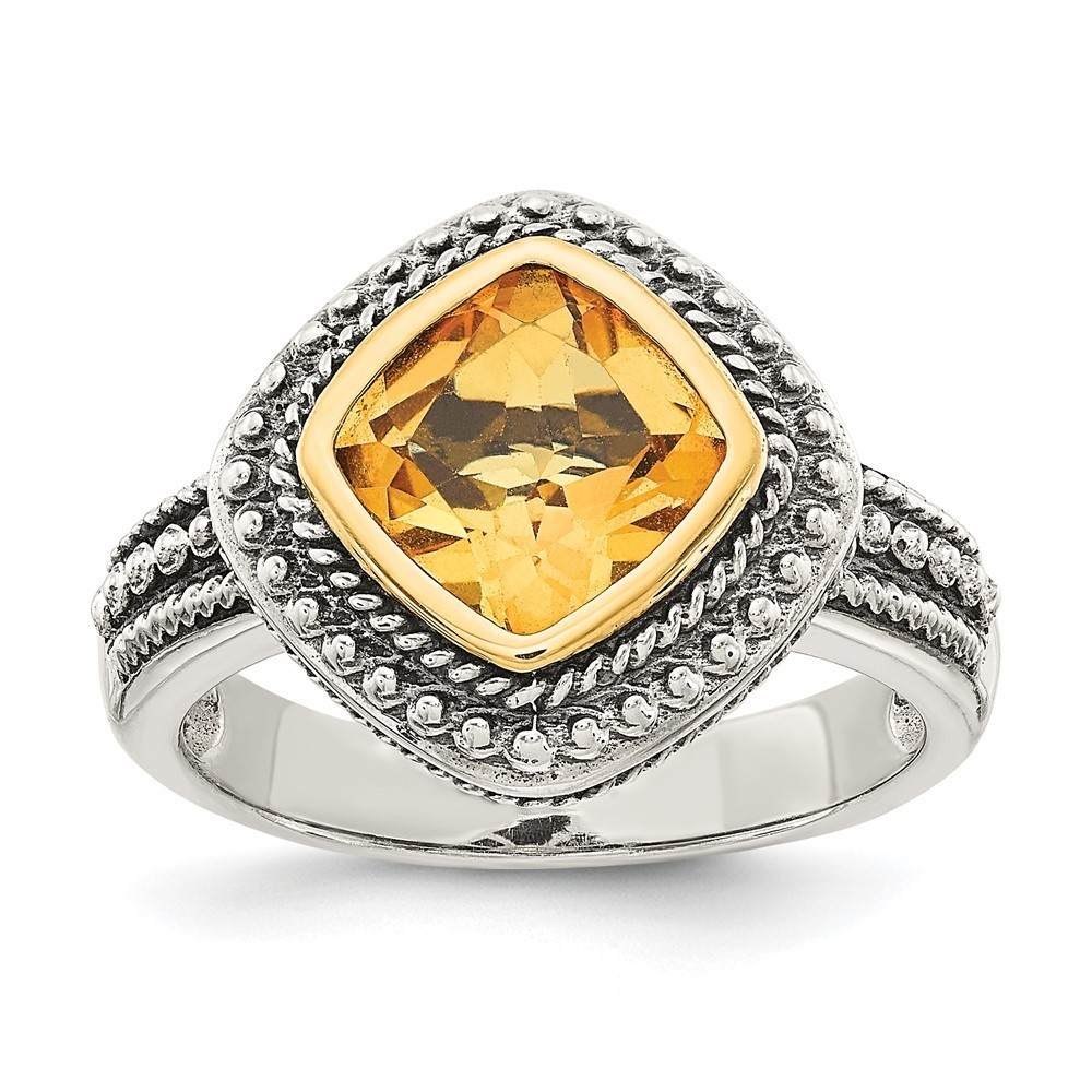 Sterling Silver 14K Accent Antiqued Cushion Bezel Citrine Ring Size 6